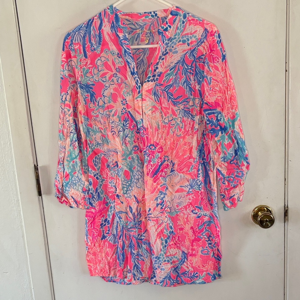 Lilly Pulitzer bright pink blue long sleeve tunic style dress Size Small